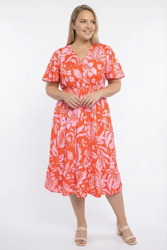 Rochie portocalie cu flori roz