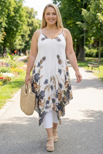 Tunică fără bretele cu imprimeu floral bleumarin și maro