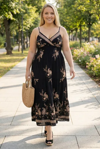 Rochie neagră cu broderie bej